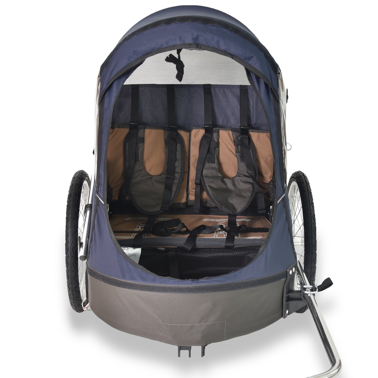 Wike Premium Double Children's Bike Trailer with Stroller & Jogging Kit - Navy & Brown
