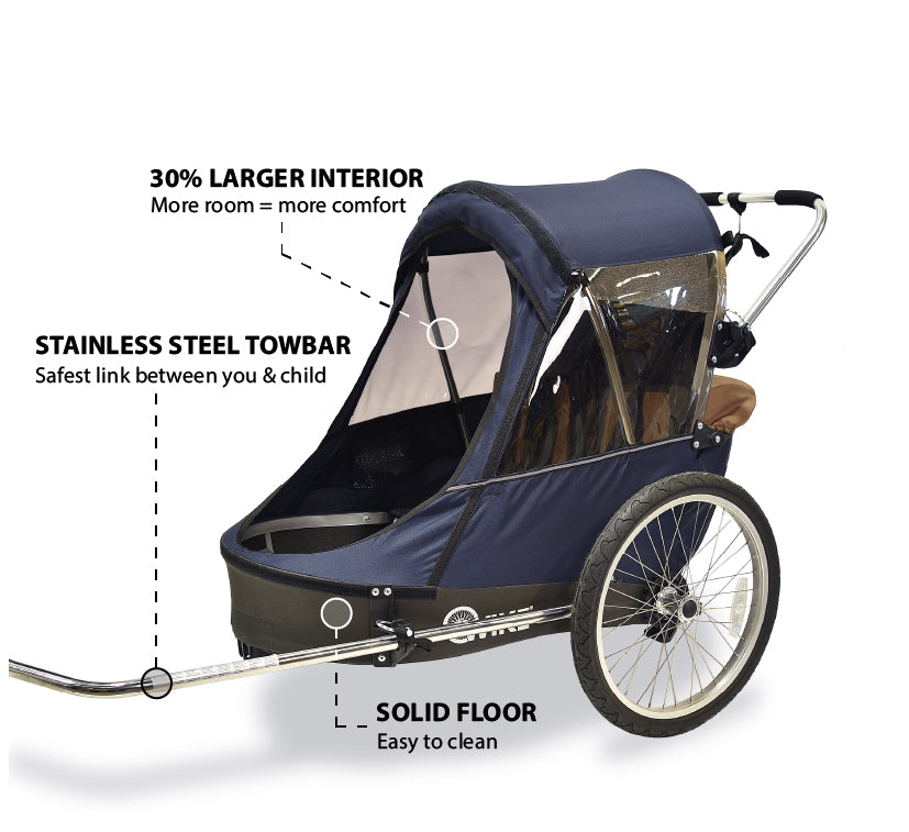 Wike Premium Double Children's Bike Trailer with Stroller & Jogging Kit - Black
