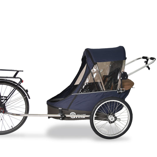 Wike Premium Double Children's Bike Trailer with Stroller & Jogging Kit - Navy & Brown