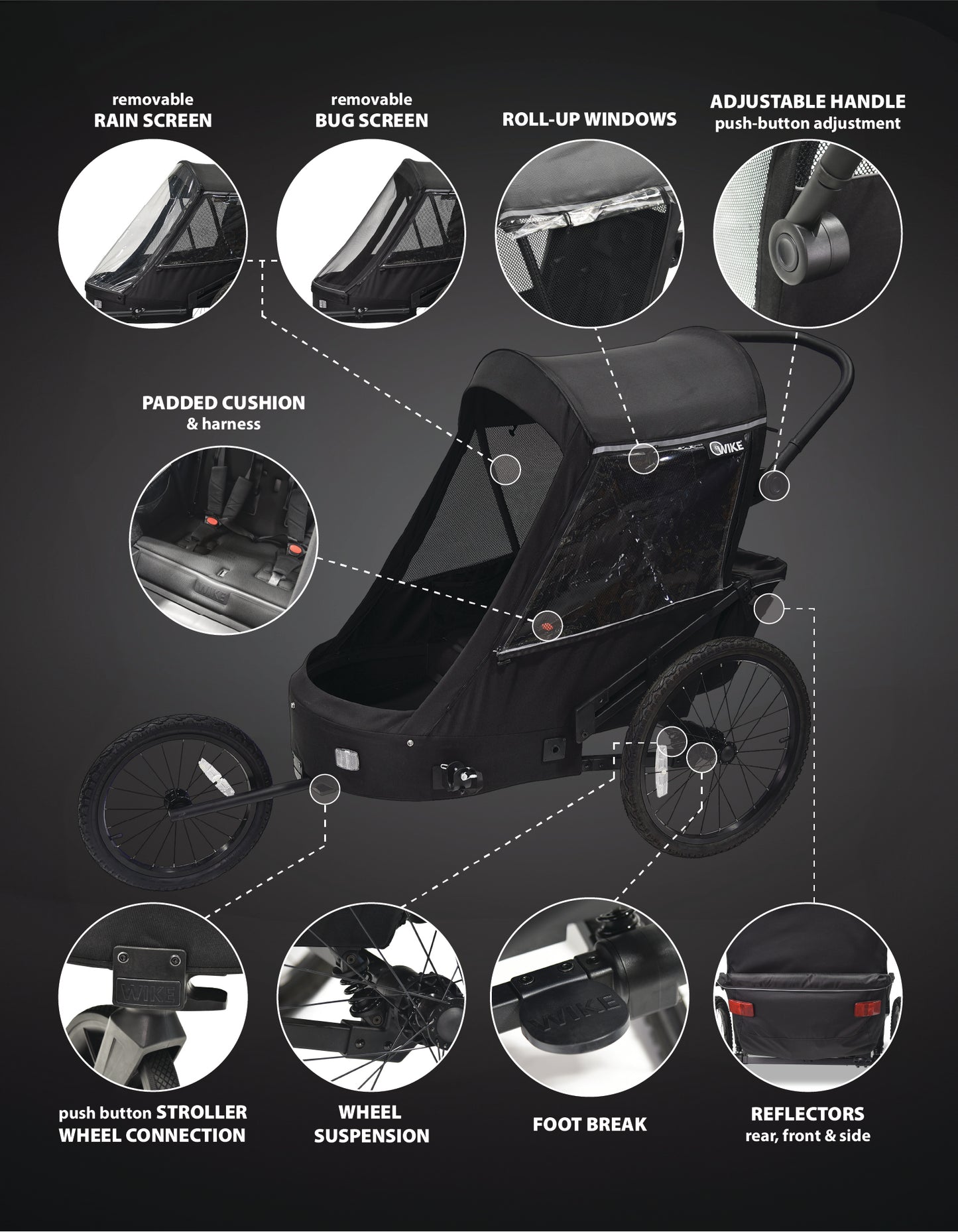 Wike Premium Suspension Bike Trailer – Black - Includes Stroller & Jogger Kit