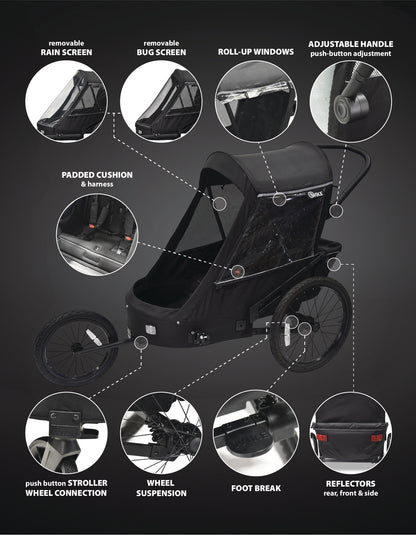 Wike Premium Suspension Bike Trailer – Black - Includes Stroller & Jogger Kit